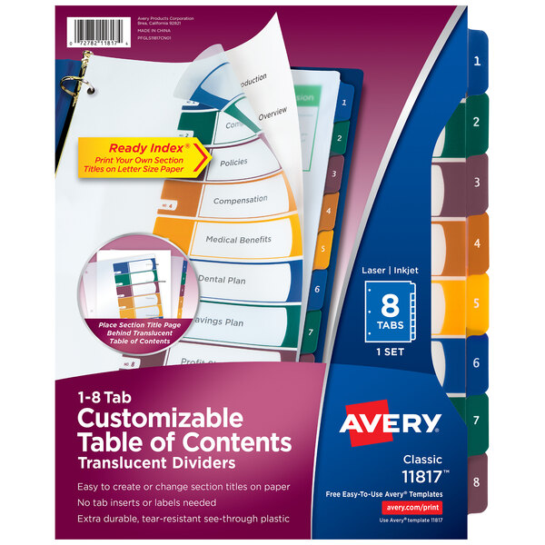 Avery® 11817 Ready Index 8-Tab Multi-Color Plastic Table of Contents Dividers
