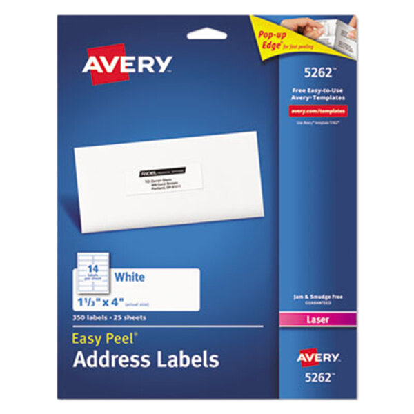 A blue box of Avery 5262 white mailing address labels.