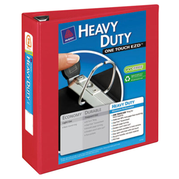 A red heavy-duty Avery view binder with EZD rings.