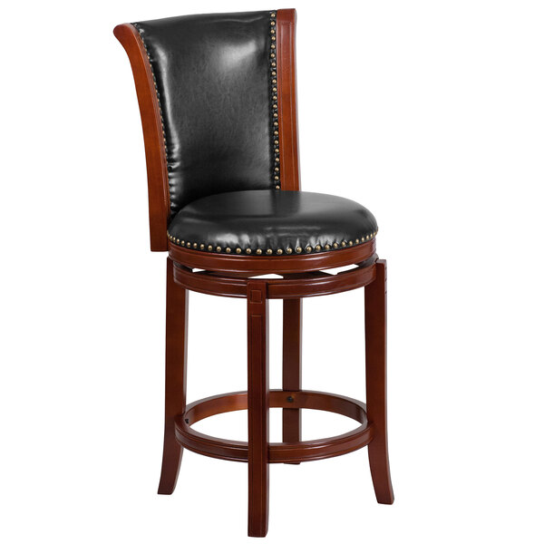 Flash Furniture TA-220126-DC-CTR-GG Dark Chestnut Wood Counter Height Panel Back Stool with Black Leather Swivel Seat