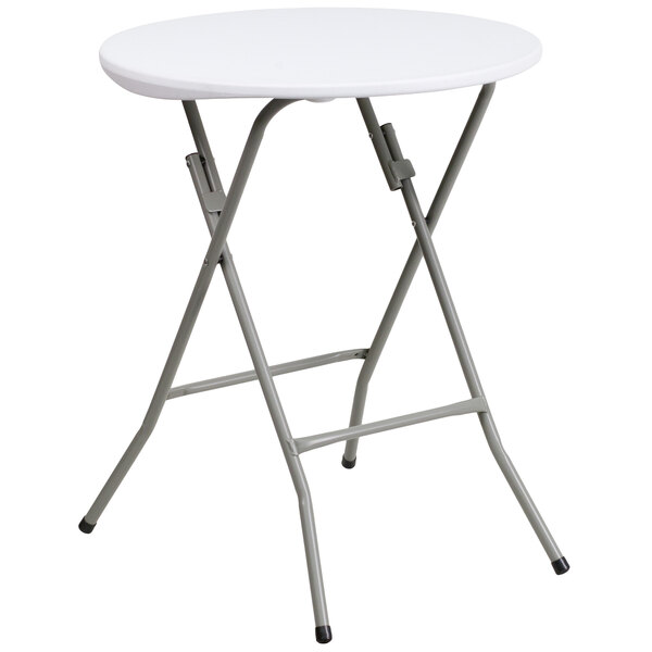 A Flash Furniture round white plastic folding table with a metal frame.