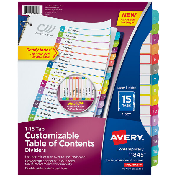 Avery® 11845 15Tab MultiColor Customizable Table of Contents Dividers