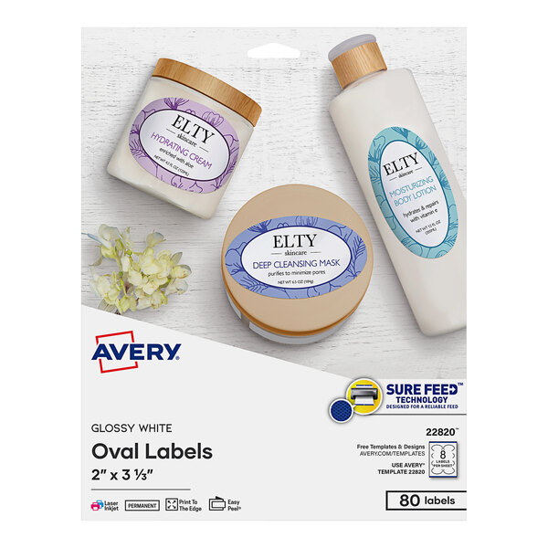 A package of Avery white oval labels with white backgrounds.