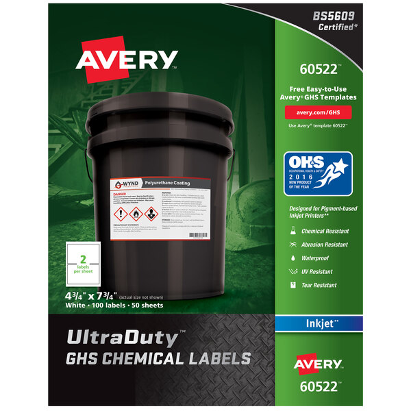 Avery® 60522 UltraDuty 4 3/4" x 7 3/4" GHS Chemical Labels for Pigment-Based Inkjet Printers - 100/Pack