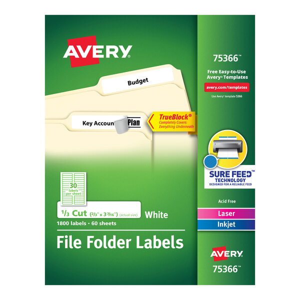 A package of white Avery file folder labels with white labels on a green and white file folder.