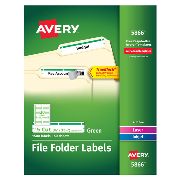 Avery® 5866 TrueBlock 2/3" x 3 7/16" Green File Folder Labels - 1500/Box
