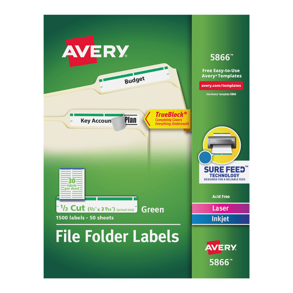 A package of green and white Avery file folder labels.