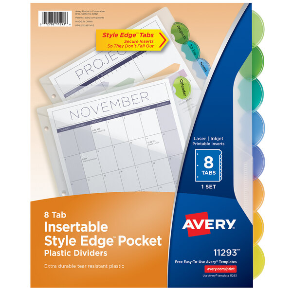 A package of Avery translucent plastic 8-tab dividers with pockets. The box has a blue and white label.