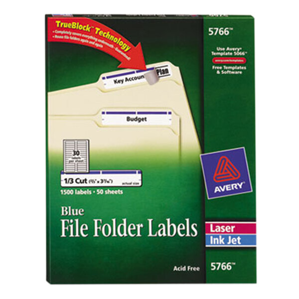 Avery® 5766 TrueBlock 2/3" x 3 7/16" Blue File Folder Labels - 1500/Box