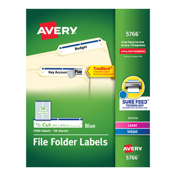 Avery® 5766 TrueBlock 2/3" x 3 7/16" Blue File Folder Labels - 1500/Box