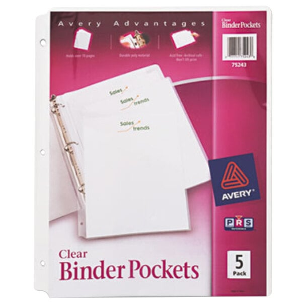 Avery® 75243 9 1/4" x 11" Clear Three Ring Binder Pocket - 5/Pack
