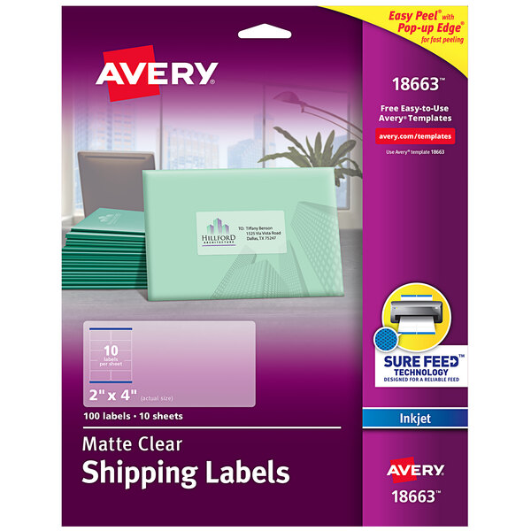 Avery® 18663 Easy Peel 2" x 4" Matte Clear Inkjet Printer Shipping Labels - 100/Pack