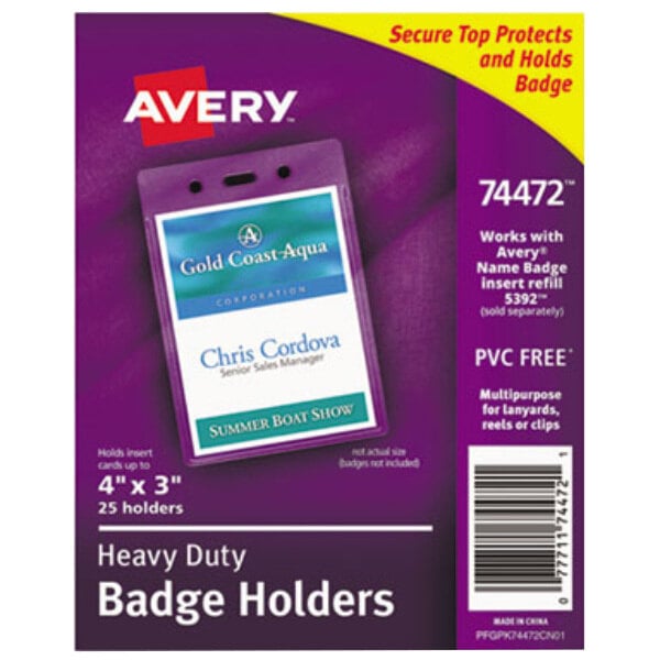 Avery® 74472 4" x 3" Clear Vertical Secure Top Heavy-Duty Badge Holder - 25/Pack