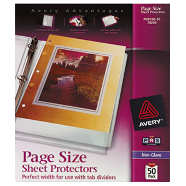 A package of Avery purple and gold 8 1/2" x 11" sheet protectors with a white product label.
