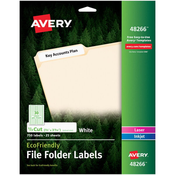 A package of white Avery EcoFriendly file folder labels with a white label and green accents.