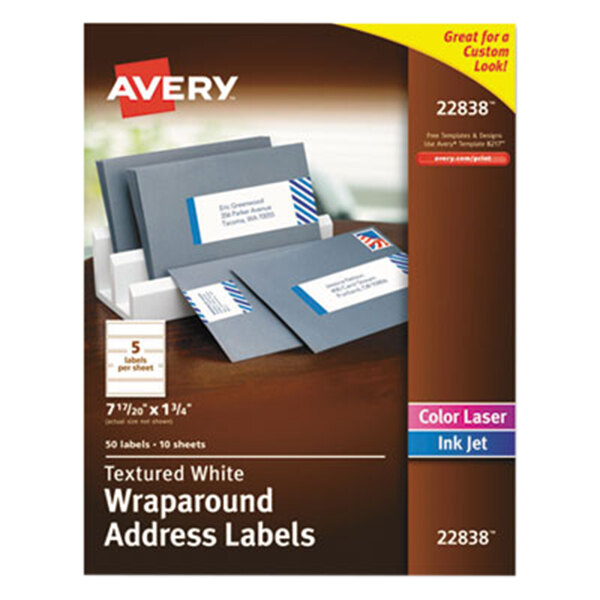 A box of Avery white rectangular wraparound address labels with a white background.