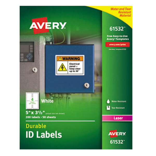A blue box of Avery white ID labels with a white label on it.