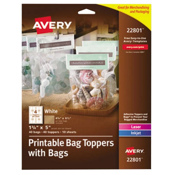 Avery® 22801 1 3/4" x 5" White Printable Bag Toppers with Bags - 40/Pack