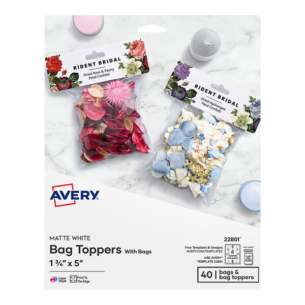 A package of Avery 22801 white bag toppers.