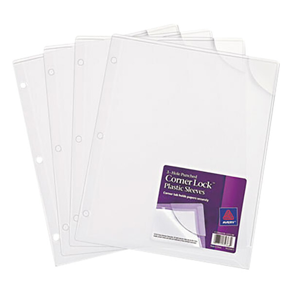 A group of Avery clear 3-hole punched plastic sleeves.