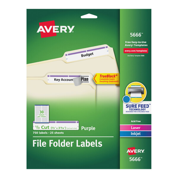 A package of Avery file folder labels with a purple background.