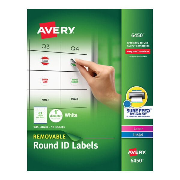 A white box of Avery 1" round white removable ID labels with a hand pressing a round button.