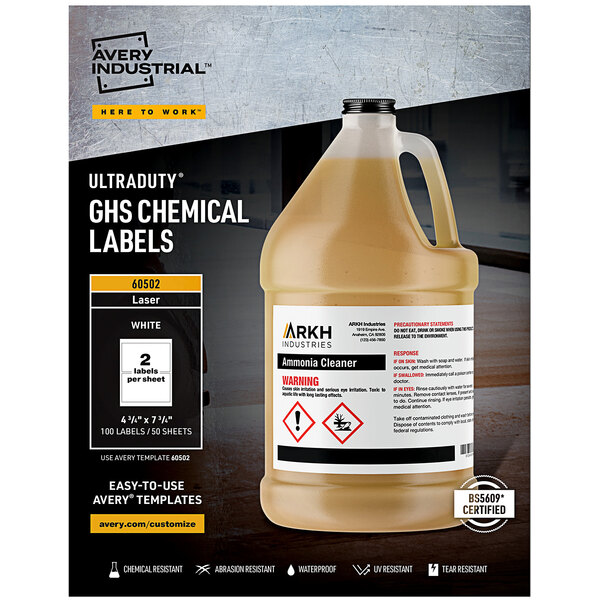 Avery® 60502 UltraDuty 4 3/4" x 7 3/4" GHS Chemical Labels for Laser Printers - 100/Box