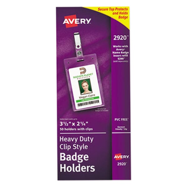 A purple Avery clip-style badge holder with a name tag inside.