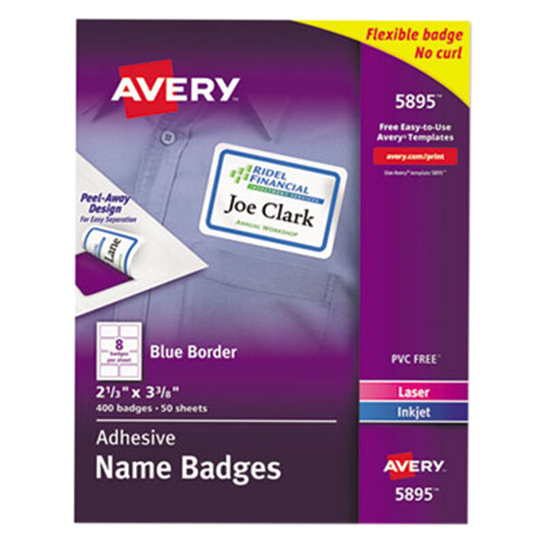 Avery® 5895 2 3/8" x 3 3/8" White / Blue Flexible Self-Adhesive Laser / Inkjet Name Badge Label - 400/Pack