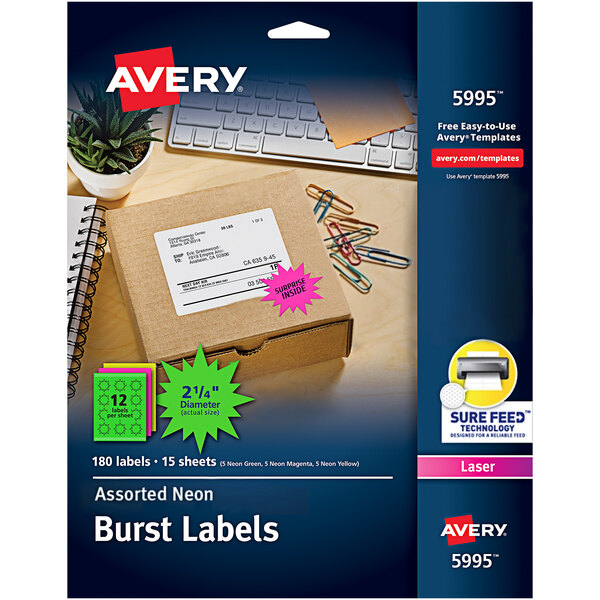 A box of Avery High-Visibility Assorted Neon ID Label Bursts on a white background.