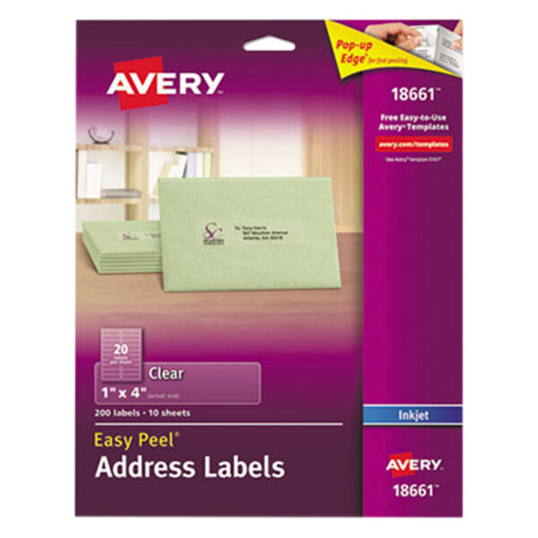 Avery 18661 Easy Peel 1" x 4" Clear Inkjet Printer Address Labels 200