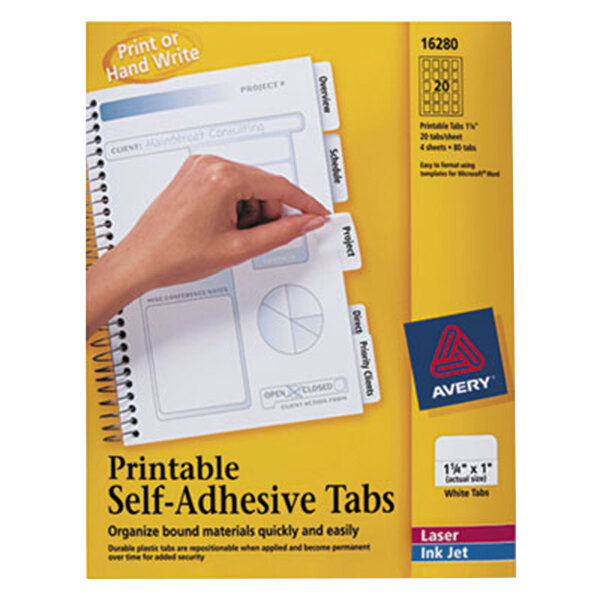 A hand pointing at Avery white self-adhesive tabs on a white surface.