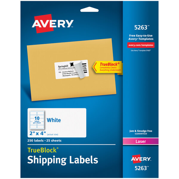 A blue package of Avery shipping labels with a white label and yellow lettering.