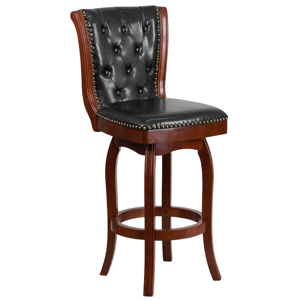 Flash Furniture TA-240130-CHY-GG Cherry Wood Bar Height Button Tufted Back Stool with Black Leather Swivel Seat