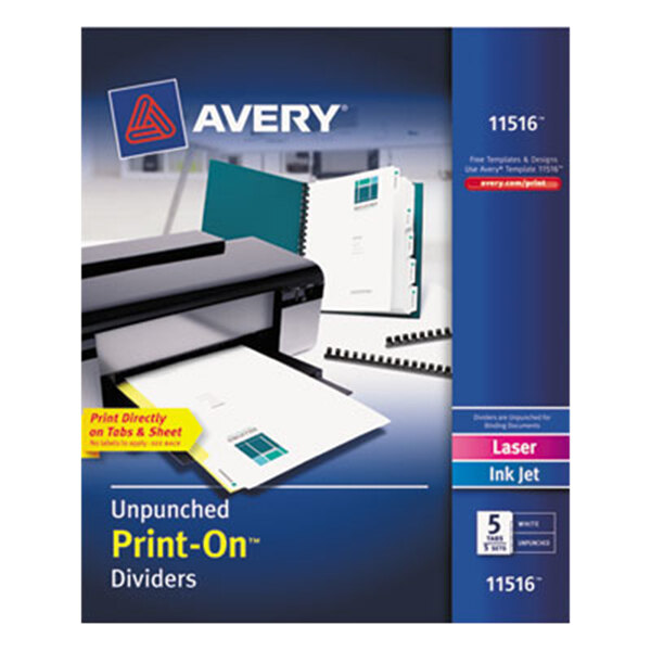 Avery® 11516 Print-On 5-Tab Unpunched White Divider Set - 5/Pack