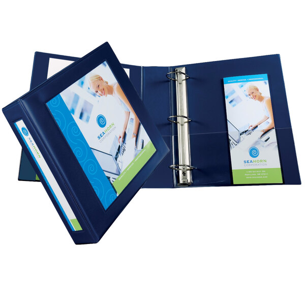 An Avery navy blue heavy-duty binder with framed view.