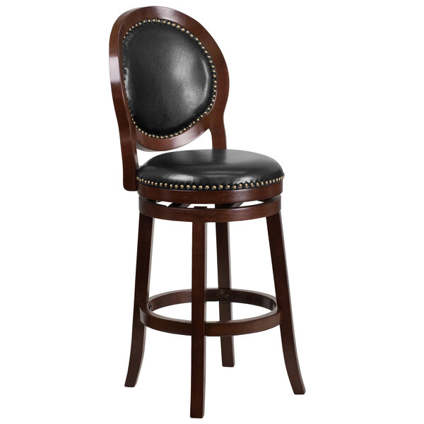 Flash Furniture TA-550130-CA-GG Cappuccino Wood Bar Height Oval Back Stool with Black Leather Swivel Seat