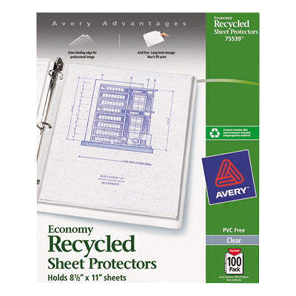 Avery® 75539 8 1/2" x 11" Clear Economy Weight Recycled Polypropylene Top-Load Sheet Protector, Letter - 100/Pack