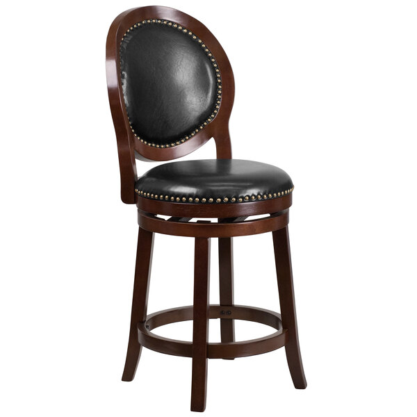 Flash Furniture TA-550126-CA-GG Cappuccino Wood Counter Height Oval Back Stool with Black Leather Swivel Seat