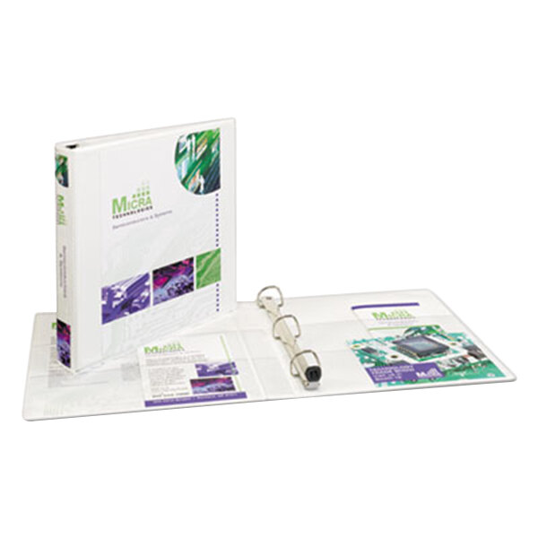 A white Avery heavy-duty view binder with extra-wide covers and locking One Touch EZD rings.