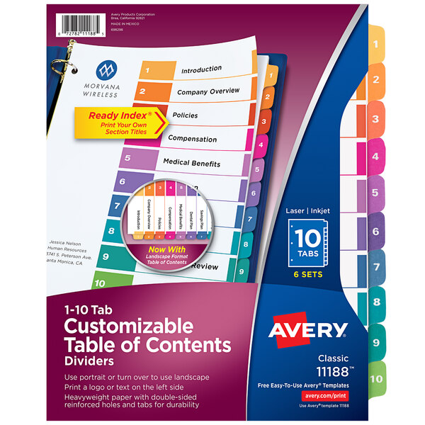 Avery® 11188 Ready Index 10-Tab Multi-Color Table of Contents Divider Set - 6/Pack