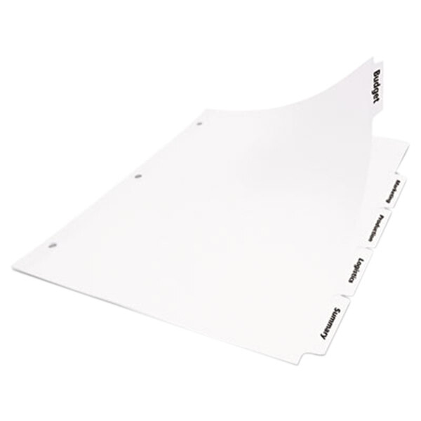 A white sheet of paper with three white tabs.