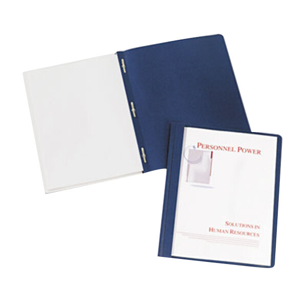 A blue folder with a clear cover and prongs on a white background.