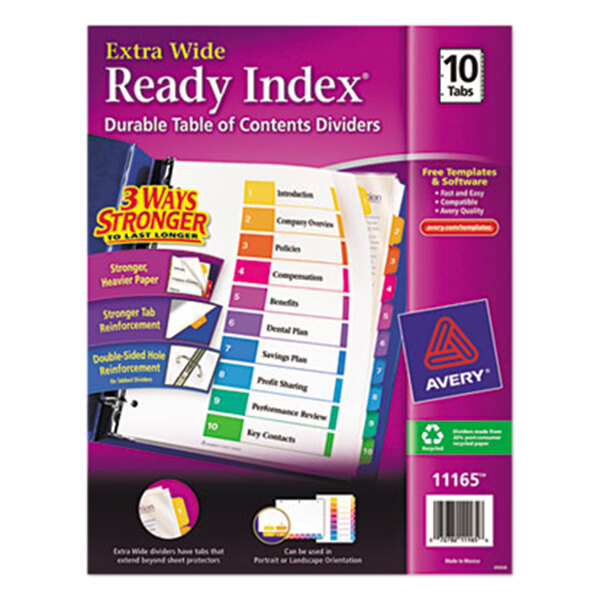 Avery 11165 Ready Index Extra Wide 10Tab MultiColor Table of Contents