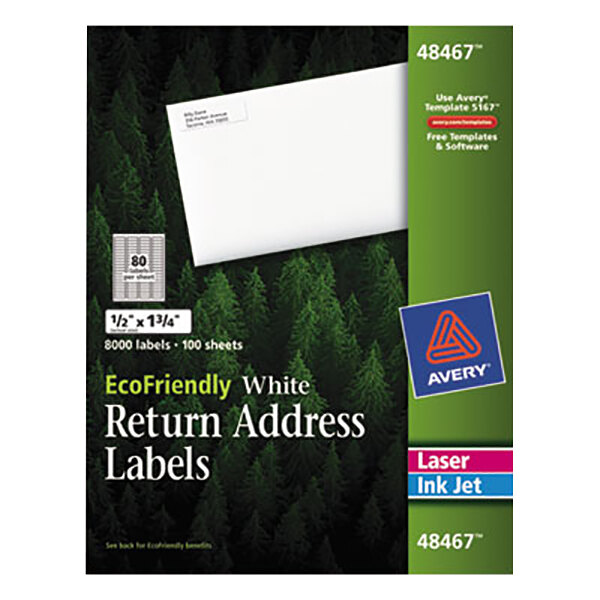A package of Avery® EcoFriendly white return address labels.
