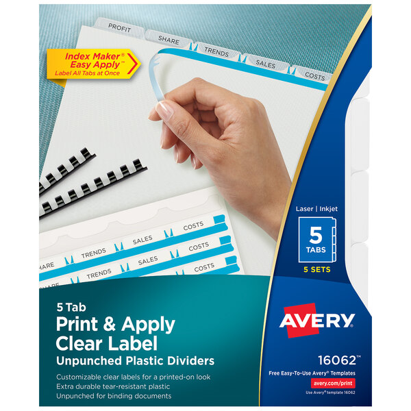 Avery® 16062 Index Maker 5-Tab Unpunched Plastic Clear Label Dividers Set - 5/Pack