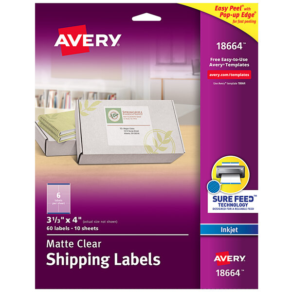 Avery® 18664 Easy Peel 3 1/3" x 4" Matte Clear Inkjet Printer Shipping Labels - 60/Pack
