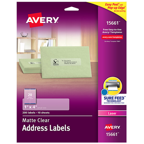Avery® 15661 Easy Peel 1" x 4" Matte Clear Laser Printer Address Labels - 200/Pack