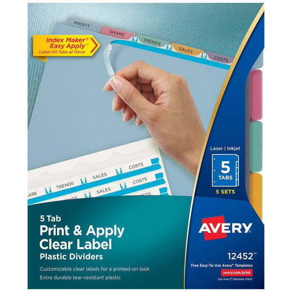 Avery® 12452 Index Maker 5-Tab Multicolor Plastic Clear Label Dividers - 5/Pack