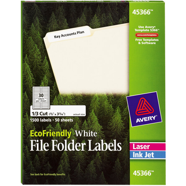 Avery® 45366 EcoFriendly 2/3" x 3 7/16" White 1/3 Cut Top Tab File Folder Labels - 1500/Box